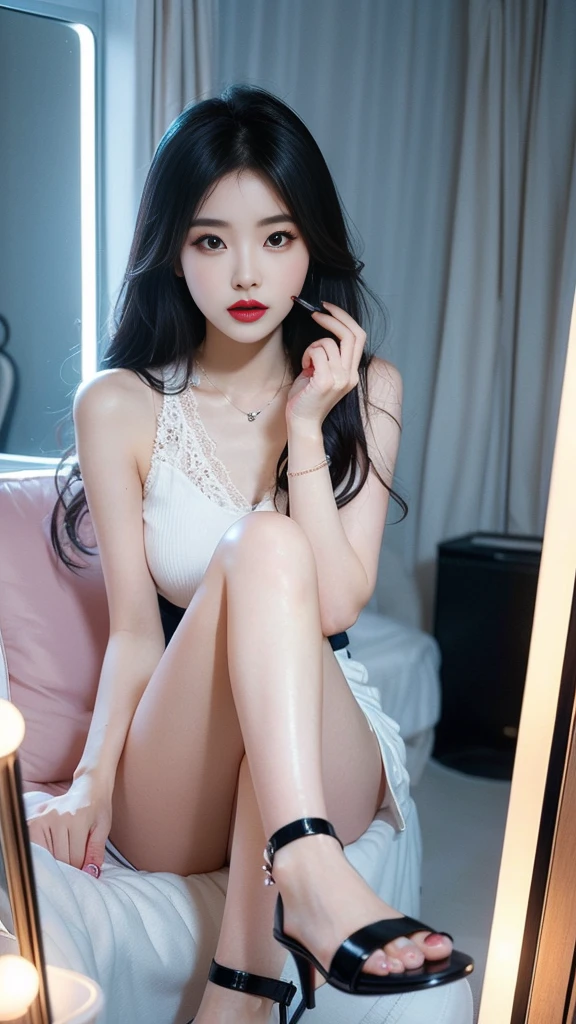 high quality, realistic, 1 Korean woman, Very pretty face, slim and nice body, sexy top, mini skirt, sandals high heels, Luxury Bags, Sitting in front of the mirror in her room and doing makeup, manicure, pedicure, nail art, anklet, apply lipstick while looking in the mirror, Sitting with your legs crossed in a sexy way