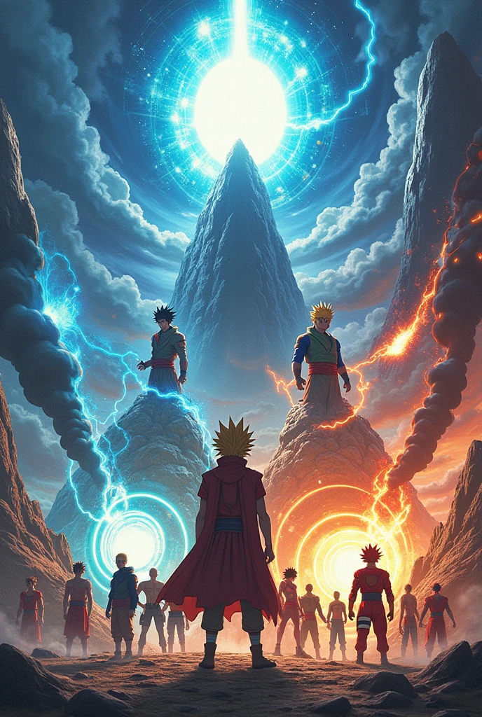 An image where Naruto is, Goku, , anime characters, Luffy, fox admiring jesus 

