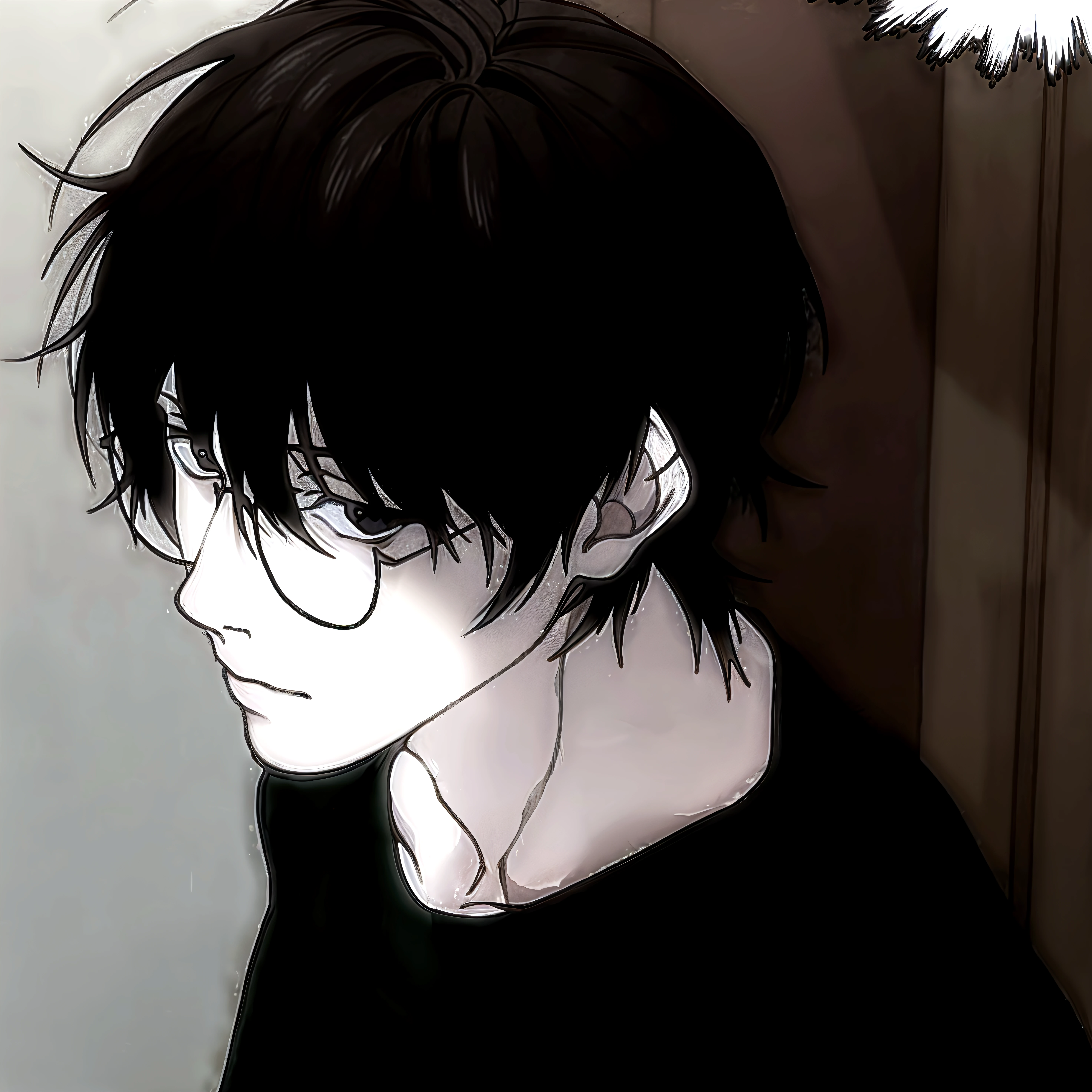 (masterpiece,best quality, detailed), 1boy, male focus, outdoors, upper body, rain, cloudy sky, cityscape, l lawliet, white shirt, wet shirt, wet clothes, wet, wet hair, jeans, wide-eyed, long sleeves, serious, closed mouth