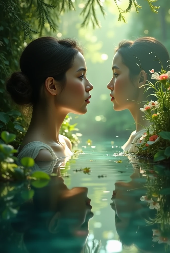 3d girls stand in water around plants flowers all enjoy water without clothe