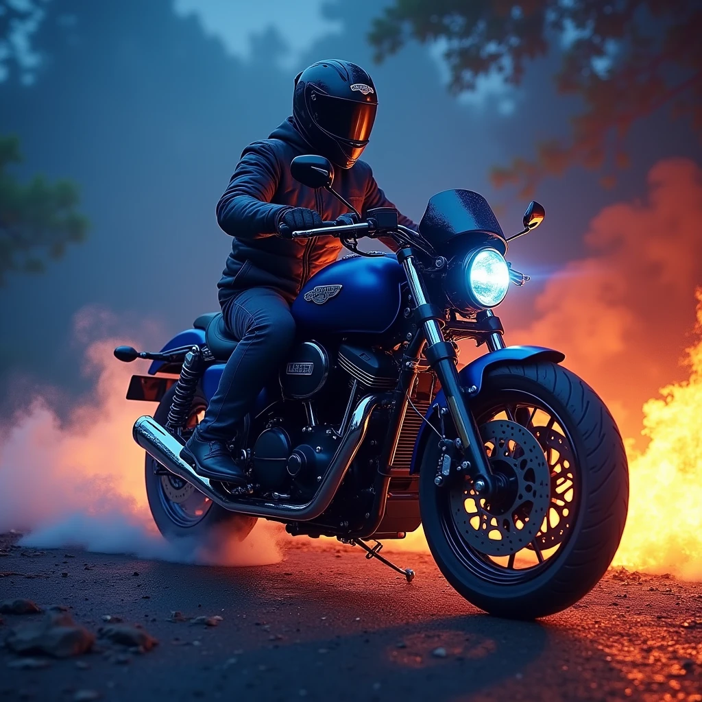 I require the motorcycle to be blue on fire