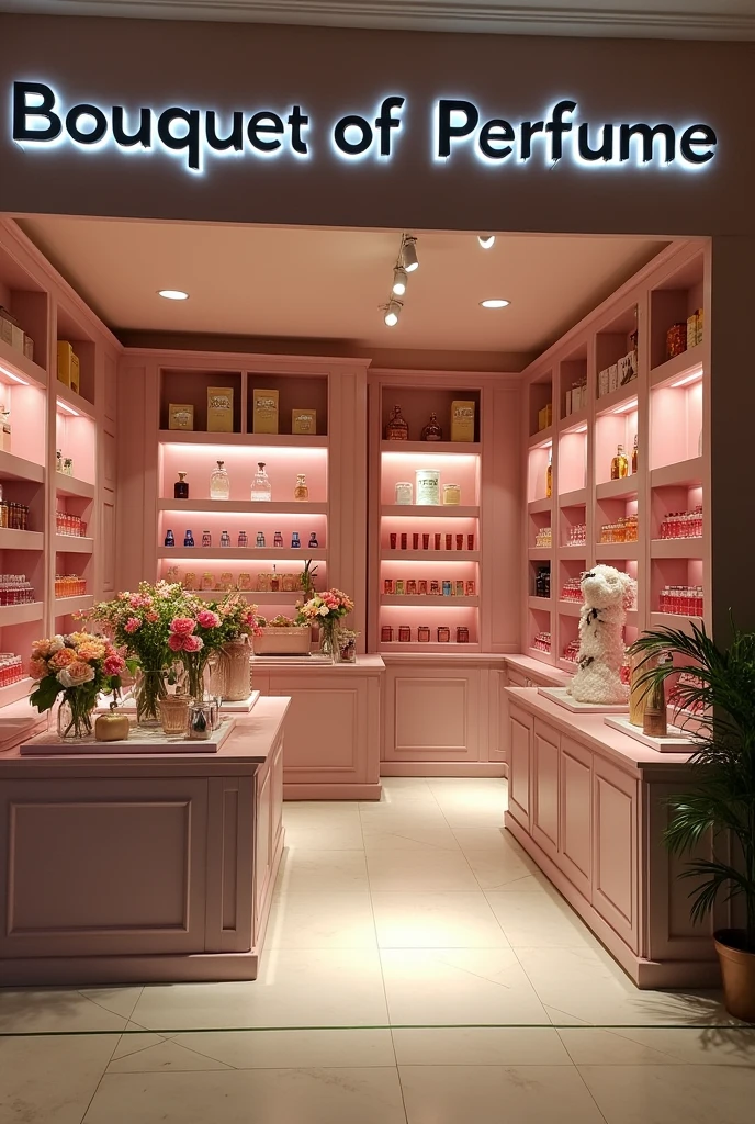 A picture of a perfume shop called Bouquet of Perfume, which will be used in advertisements. I want creativity in the design.
