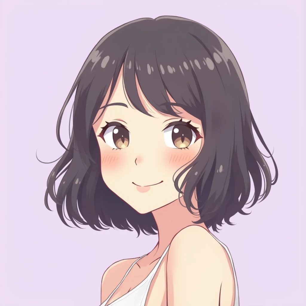 Gentle, smiling, cute, fair skin, bob hair, woman in her 20s, stylish, Japanese anime-style illustration, light purple background