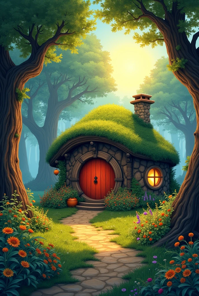 (Mysterious fantasy forest:1.5)，A hobbit cabin, It is vividly depicted in the work (Best quality, 8K, Advanced resolution, Masterpiece: 1.2), With ultra-detailed detail， (1.4x realism, Photorealistic: 1.37). This fantasy forest is made up of bright colors，Dense trees，A strange and cute little tree，bathed in the warm glow of the sun, Create a cheerful and whimsical atmosphere. The house has been designed with great attention to detail, With a complex design and unique architecture, Similar to a mushroom-shaped house。 (This fantasy forest is surrounded by lush greenery and colorful flowers), Elevate a captivating and magical environment。 The artwork showcases an illustrative style, Inspired by children's book illustrations, Ensures a glamorous and nostalgic touch. The color palette consists of vibrant rainbow colors, Seven colors，Evoke feelings of joy and playfulness. Lighting accentuates the picturesque scene, Soft and warm shadows are created that add depth and warmth to the artwork. Every detail is impeccablely presented, creating a visually stunning masterpiece，Capture the essence of the Hobbit Cabin in the Fantasy Forest.