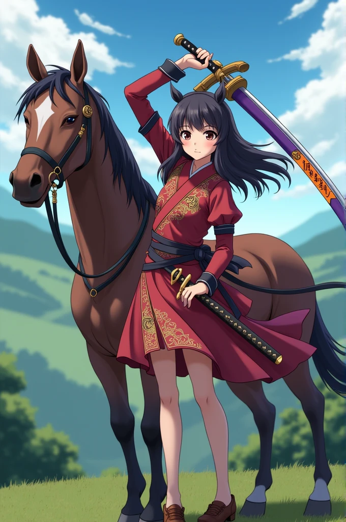 An anime girl with a brown horse and brown eyes with a purple and gold katana with gray and orange edges Demon Slayer style