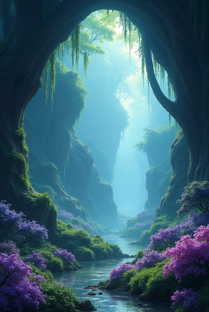 ((Digital Painting art)).
((Huang Guangjian artstyle)).
((ultra-detailed)).
((close-up view)).
"welcome to beyond fantasy cave filled with green-blue-violet fantasy plants and flowers"
(background: foggy fantasy forest)

