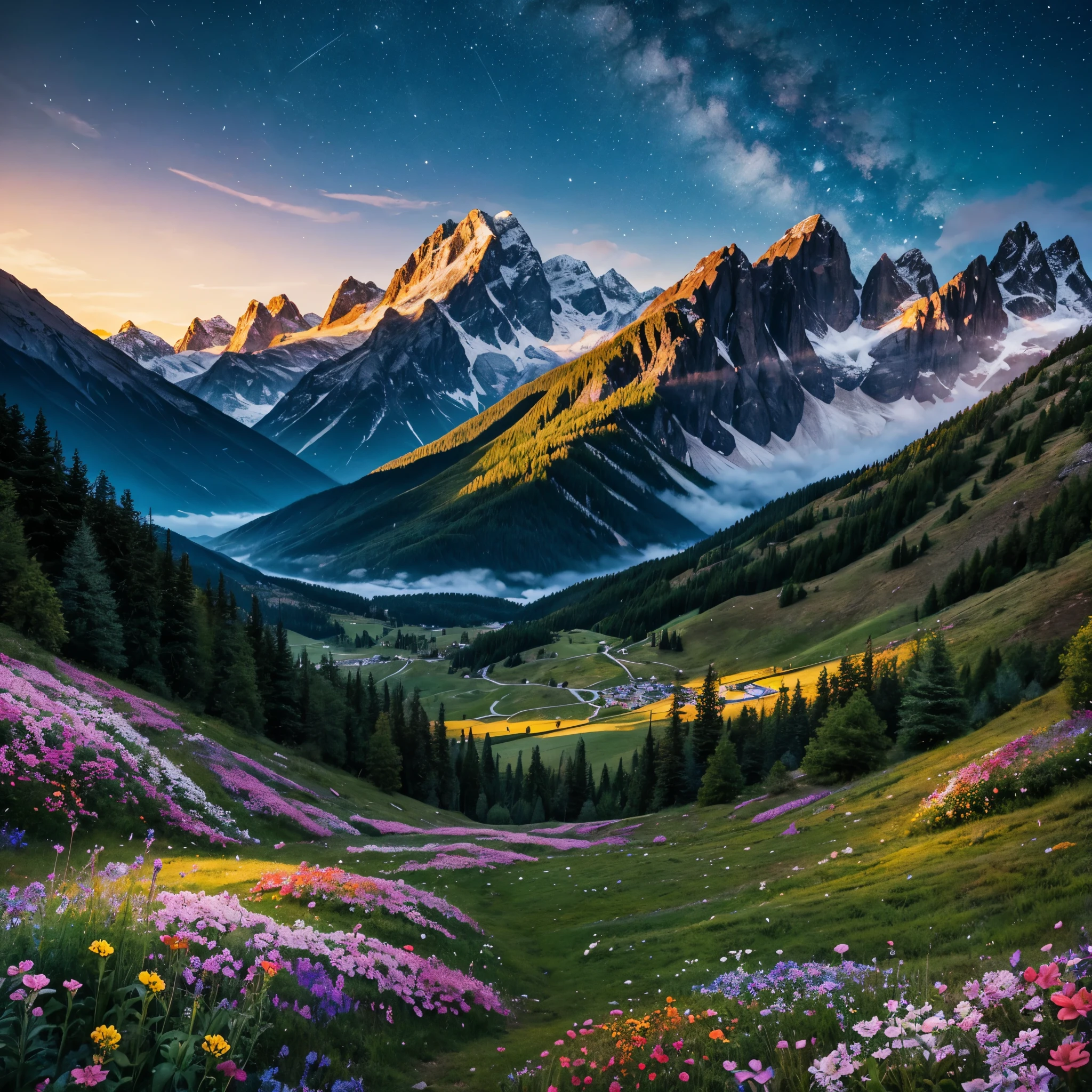 Beautiful night landscape with mountains and trees and flowers artwork of the highest quality 8k