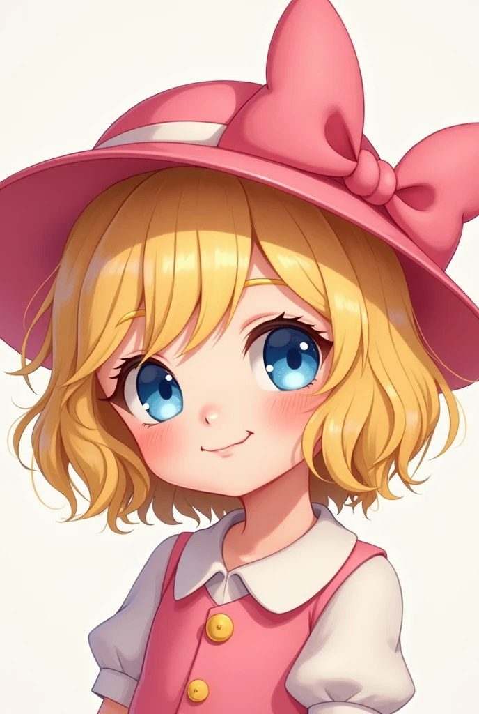 Create an image of a girl in 2d style short blonde hair pink hat with bow around and blue eyes 