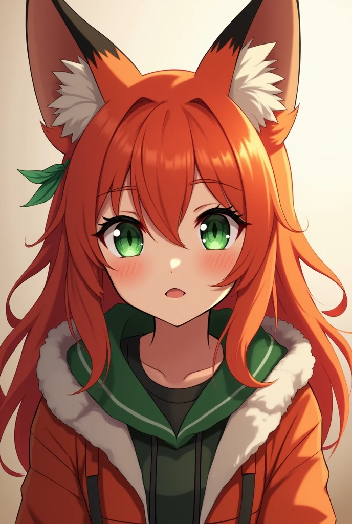 Anthropomorphic girl fox with red fur and green eyes anime style
