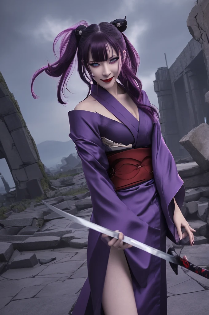 Demon Slayer ,Female gender, anime, by the cafe, purple eyes, Aori Morado, katana