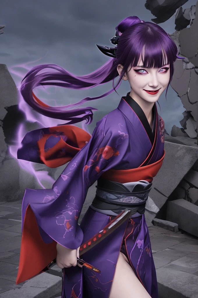 Girl, villain vibes, over power vibes, dark ruins background, katana on waist, very beautiful girl, dark red eyes, long purple half tied hair, very cute, very sexy body, smile intimidating, tatto in neck, use kimono dress, Full HD