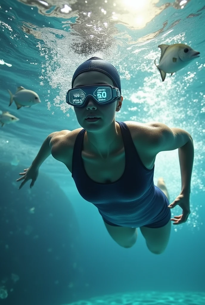 Swimmer with goggles that have a smart screen and are underwater 