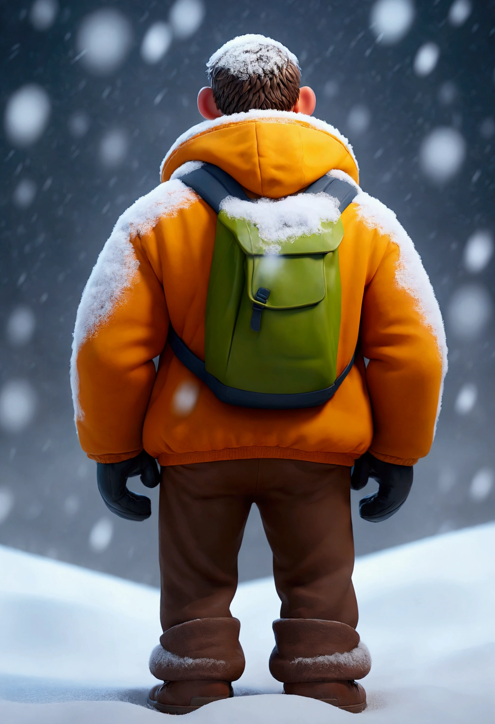 Man with his back turned worried as he faces a heavy snowstorm