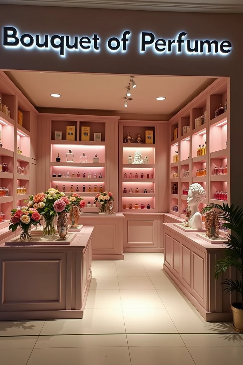 A picture of a perfume shop called Bouquet of Perfume, which will be used in advertisements. I want creativity in the design.