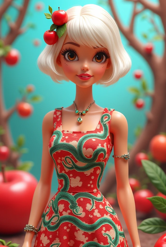 Barbie cartoon with brown eyes wearing a dress with snakes and apples ,short white hair