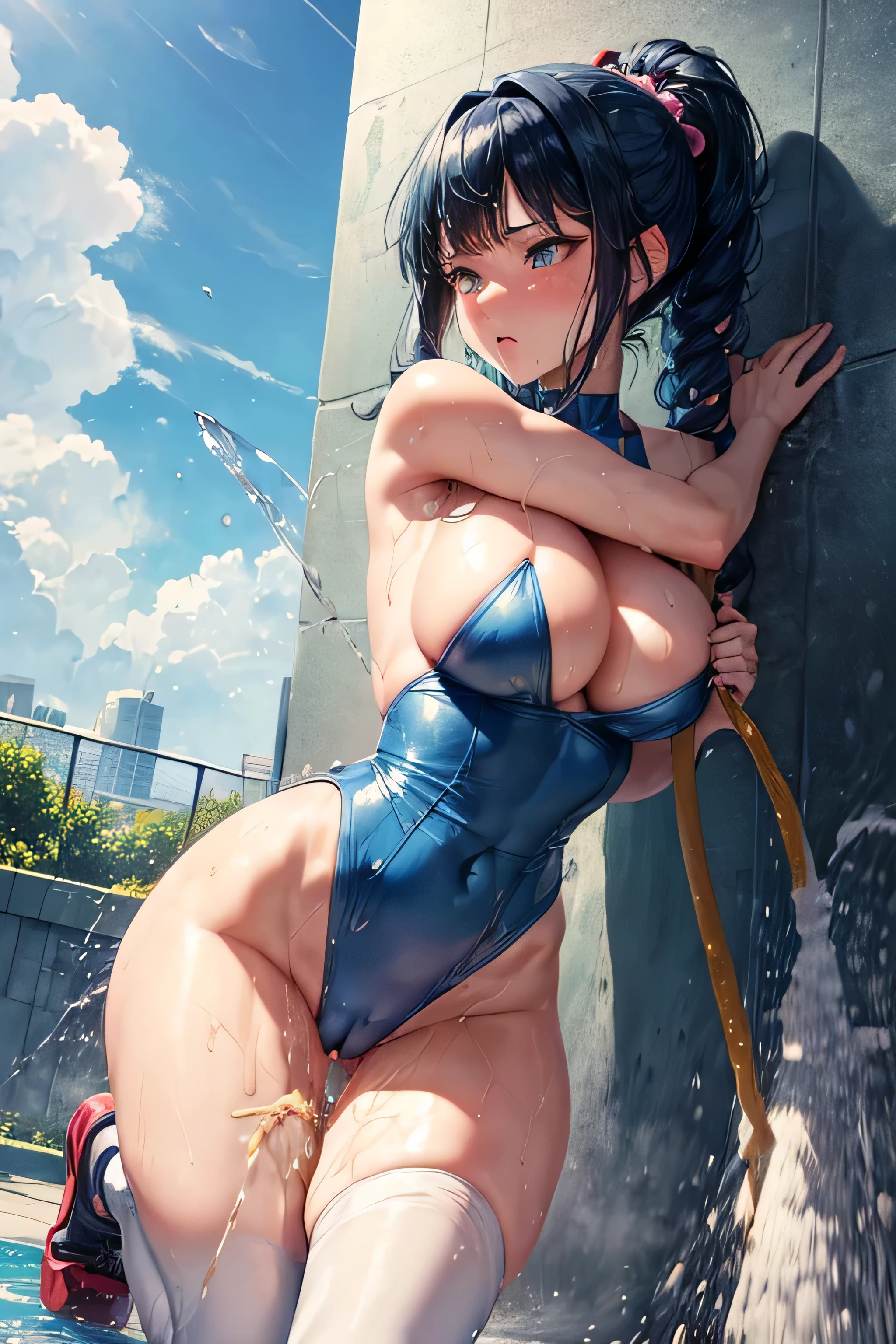Anime art style,High resolution, high quality, One girl, Anime Girls,(Pussy close up),(Pussy Focus,From before:1.3),(Erotic Body Twist:1.6),(shame:1.6),(orgasm:1.6), dark blue hair,ponytail,long hair,blunt bangs, dark blue eyes,heart shaped pupils,[[pale skin]],Glowing Skin, Super big breasts, HH-sized breasts,beautiful breasts,(Big Ass),beautiful ass,Embarrassed,sweat,Wet,open legs,Standing Split, Lift your legs,Leg lift,Standing on one leg,arms behind head,Sexy leotard, elegant face,love struck,(High leg:1.6),(Crotchless:1.6), Dynamic pose,By the pool,(Urge to urinate:1.6),(bladder full:1.6),(Urination Desire:1.6),(Splashing pee:1.6),(Person urinating:1.6),(Can&#39;t make it to the toilet in time and have to urinate:1.6),