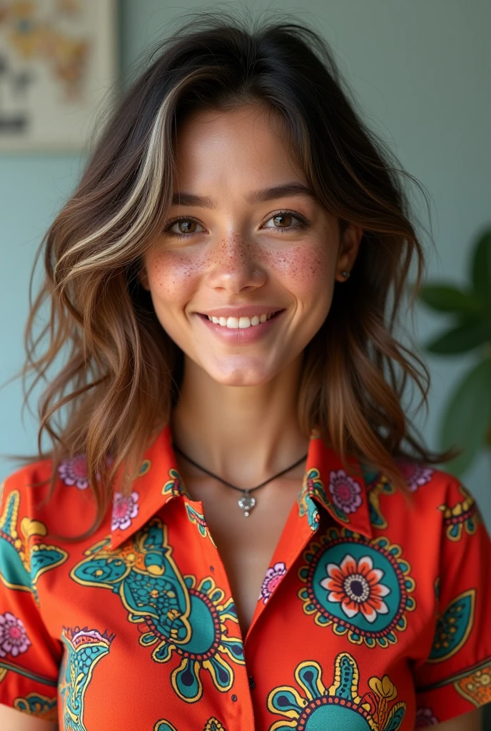 a one woman, with 1,50 tall, medium brown hair with white highlights in the front, dark brown eyes, some freckles, and Flamengo shirt, and is extroverted 
