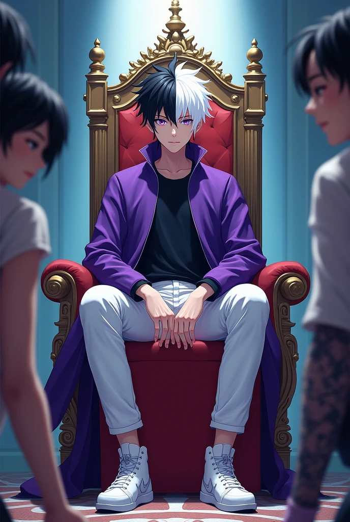 18 year old boy, 1,86 meters high, styled "Life is Stranger", Caucasian skin, purples eyes, hair divided black on the left and white on the right, Korean appearance, purple overcoat, White pants, White sneakers, sitting on a king's throne, several people kneeling to him