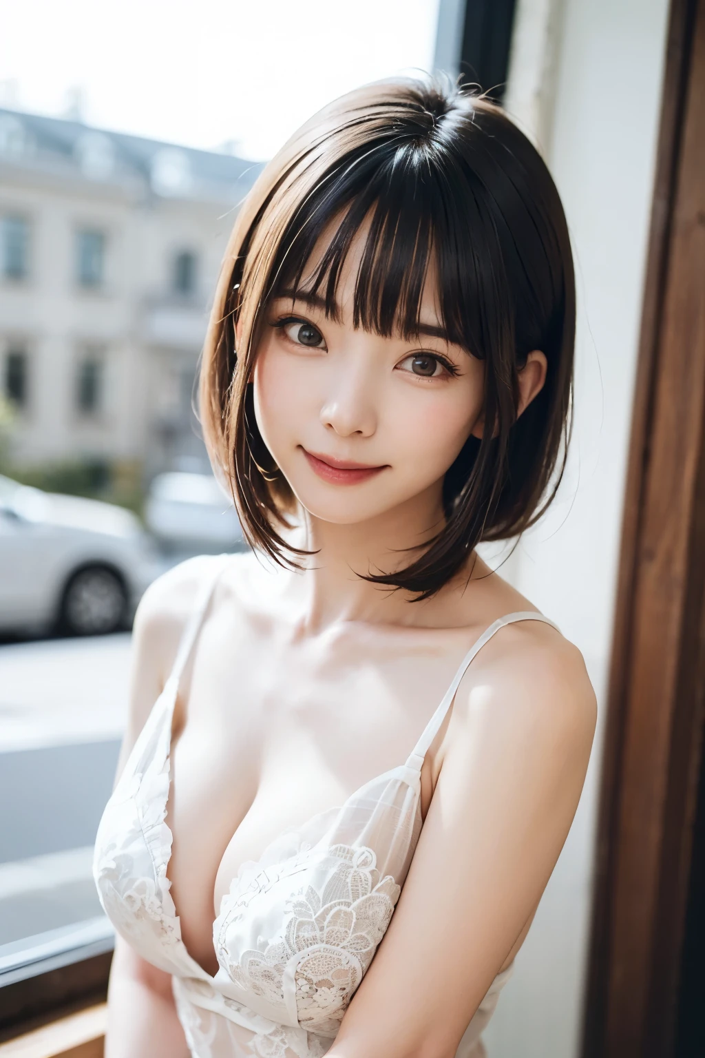 (masterpiece, Highest quality),One Girl, alone, hyper Realistic, Realistic,Realistic, Looking at the audience, Light brown eyes:1.4,Brunette Short Bob Hair with highly detailed shiny hair, Brightly colored winter clothes, Lepangas:1.4), Plein Air, Mouth closed, Upper Body、big chest eye、eyelash、{Huge|big|Very large|Mega} chest:2, chestの谷間:2、{Huge|big|Giga|Mega} chest:2, chestの谷間:2、A very large window shows the valley of the sound、(((big chest eye、Short Bob Hair、Glowing Skin、Shiny Hair、Student Highlights、Gazing at the audience、She is very beautiful and cute、Listen carefully、Long neck、smile、Close your mouth and smile、bangsと美しい歯、bangs、Perfect Anatomy)))、Ideal body type、(Snowy tree-lined road in winter in Norway, Out of focus background)、美しいLong neck:1.4、Very attractive, 美しくてかわいいVery attractive女性、