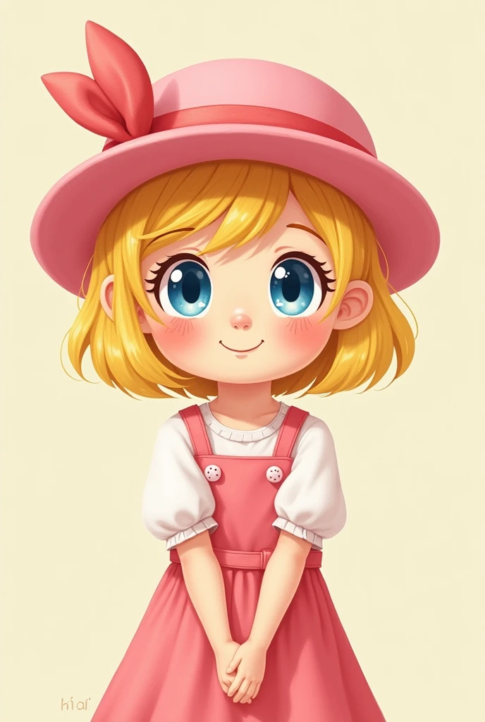 Create an image of a girl in 2d style short blonde hair pink hat with bow around and blue eyes