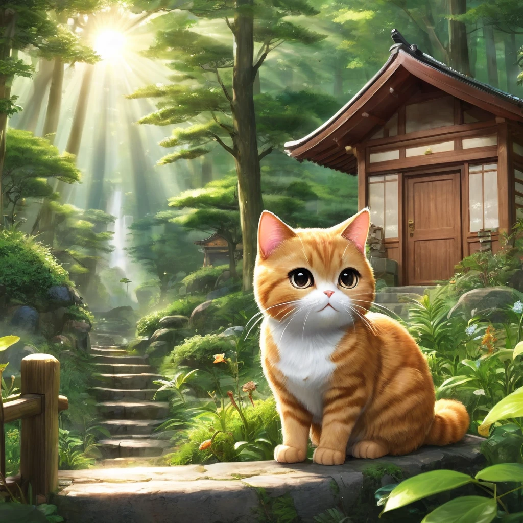 These scenes are depicted in a highly realistic style.、Make sure the cat's facial expressions and movements are exaggerated like a human's。
The main character is a brown cat with cute chubby eyes. The main character is one who never changes. Mimi, the brown cat, gazes out at the large forest that spreads out beyond the village.。Her eyes sparkle、Appearance of having a strong desire。A mysterious light shines into the entrance to the forest.、Attract Mimi's heart。