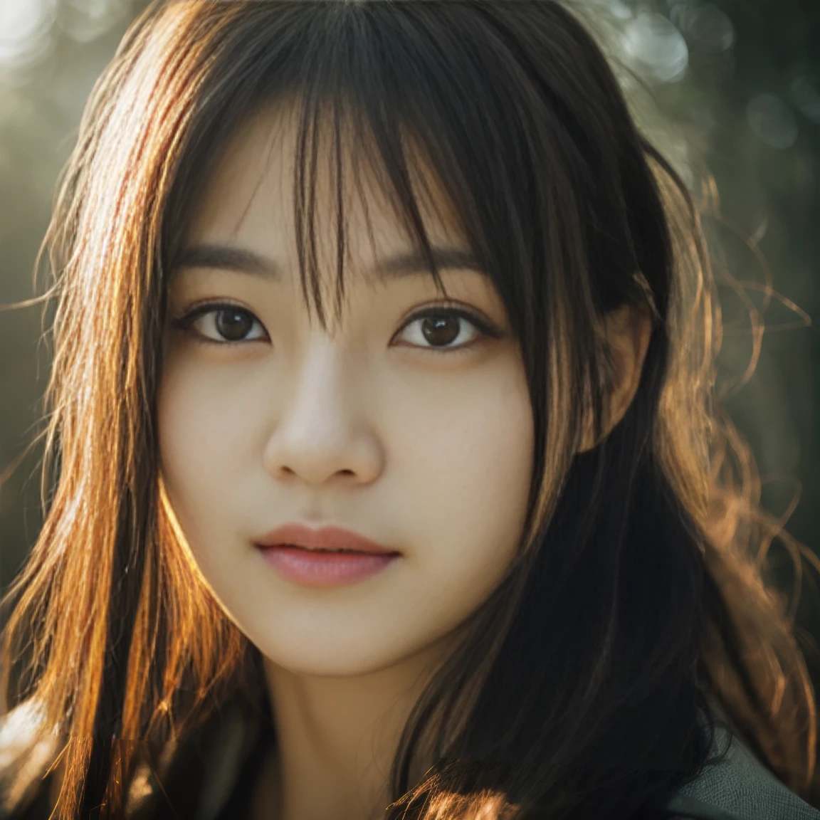 Beautiful Face, Highest quality,Ultra-high resolution natural light, Glowing Skin,Detailed skin,Detailed face,Detailed eyes, Beautiful Japanese Girl, Deep in the forest, (fog:1.2), it's raining, waterたまり, haze, water, Raining, Lots of trees