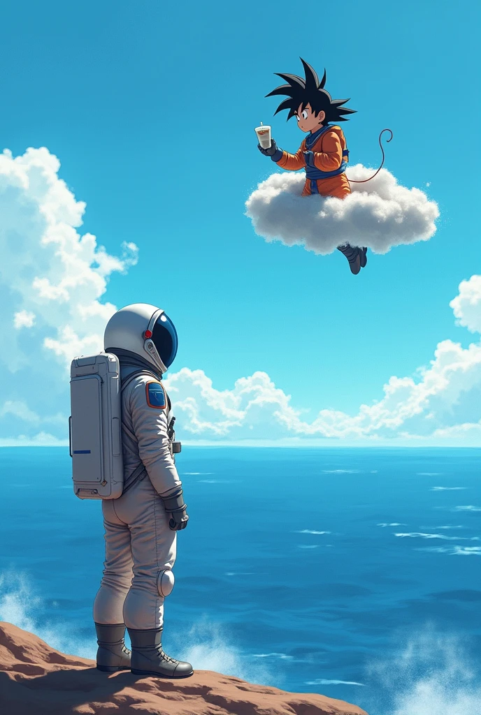 Astronaut watching the sea and Goku passing by on a cloud while holding a yogurt and saying the great blue immensity of the sea 