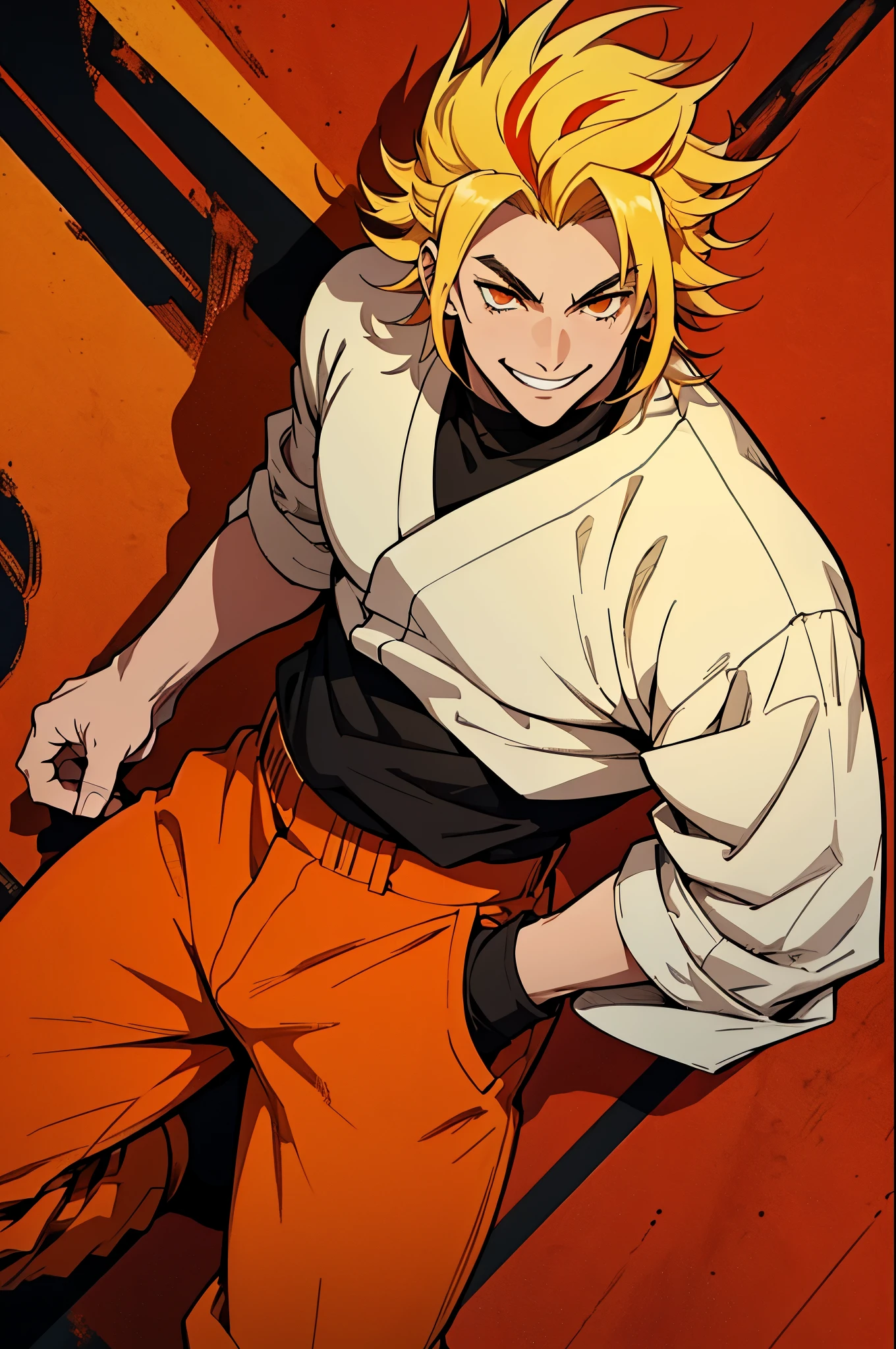 white young man, blonde hair with red highlights, orange eyes, rengoku eyebrows, smile, black Coach, black and yellow pants, arrogant smile, medium hair, messy hair, 1980 outfit