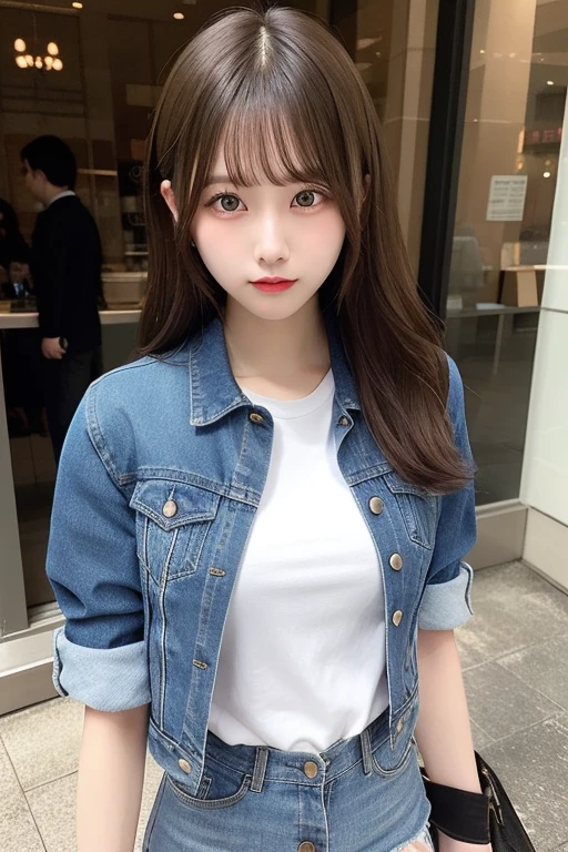 Elegant young woman、serious look、wearing a denim jacket、Wearing a denim miniskirt、Photograph the upper body