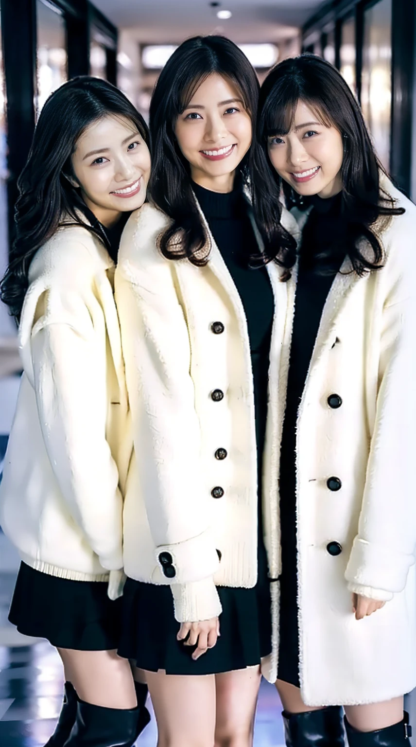 8k, RAW Photos, Full body photo, Realistic: 1.25), (Lip gloss, eyelash, Glossy face, Glowing Skin, Super beautiful sexy Japanese women, 20-year-old, Highest quality, Ultra-high resolution, Depth of written boundary, chromatic aberration, Caustics, Moisturized lips, Ultra Cropped Face, Shining Detail Eyes, Half-up dark brown hair, Snazzy, Same height, White long coat, Thick long coat, Feather long coat, Black knit dress, Black mini skirt, Black long boots, Three girls standing and hugging each other, Big Breasts, Sheer