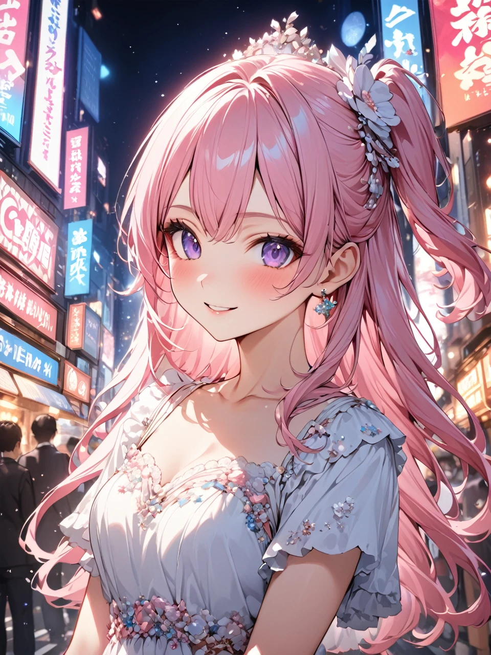 Highest quality, Highest quality, 16K, Unbelievably absurd, Very detailed, 2.5D, delicate and dynamic,A Kind World,,One Girl,18-year-old, Pink Hair,Side Up,one piece,In Tokyo,sexy,smile,Cute,Upper Body