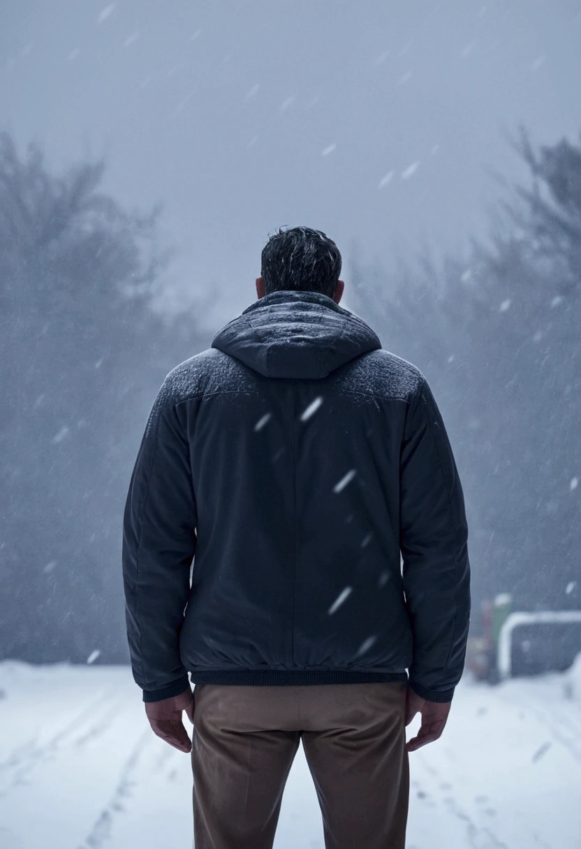 Man with his back turned worried as he faces a heavy snowstorm