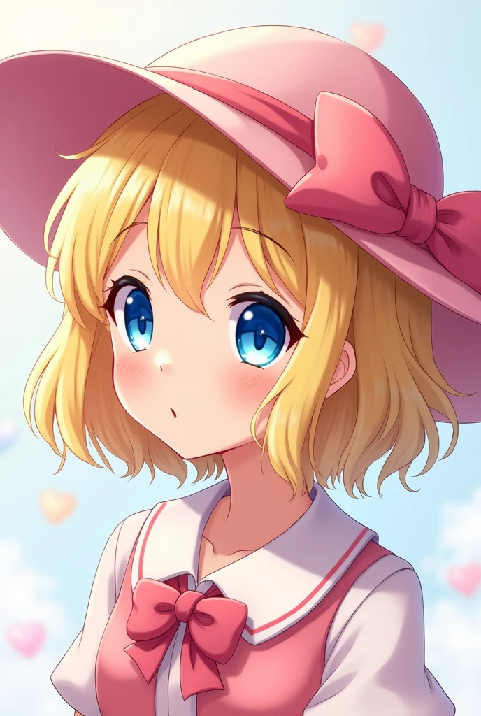 Create an image of a girl in anime style short blonde hair pink hat with bow around and blue eyes