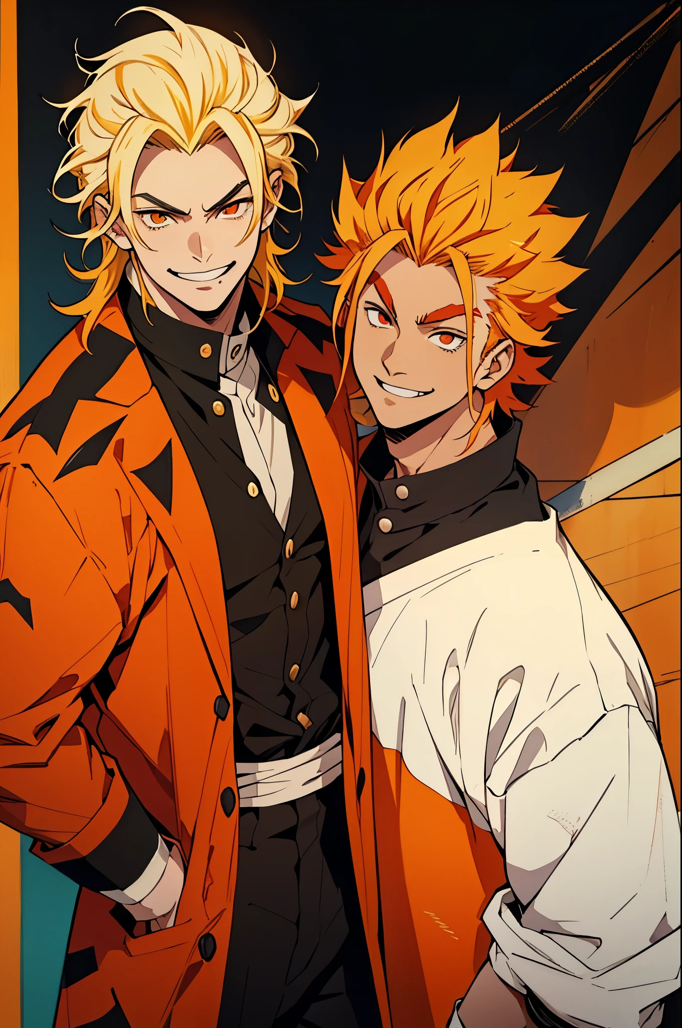white young man, blonde hair with red highlights, orange eyes, rengoku eyebrows, smile, black Coach, black and yellow pants, arrogant smile, medium hair, messy hair, 1980 outfit