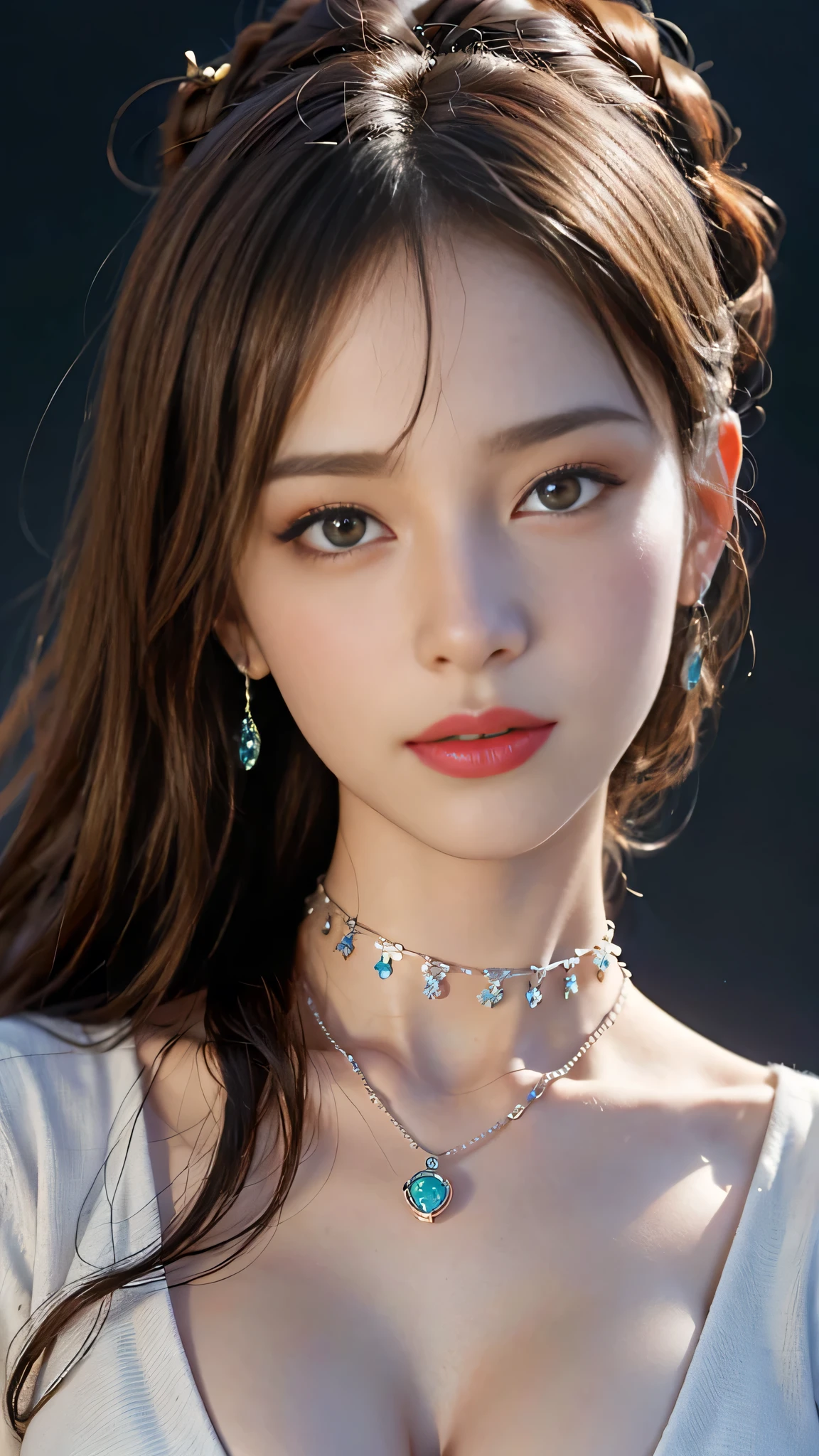 ((masterpiece:1.4)、(Highest quality:1.4)、(Realistic:1.7))、Masterpiece:1.4、Pretty Girl 0.3、(1 Girl:1.4)、pretty girl、(Portrait Photography:1.4)、(Close-up photo:1.7)、(An outfit that emphasizes beautiful breasts:1.4)、Sharp focus:1.5、Detailed eyes、double eyelid、{Long Hair}、Beautiful woman with perfect figure:1.4、Perfect proportions:1.4、(Anatomically correct body shape:1.4)、well-proportioned and beautiful udder:1.2、Upper body photo shoot:1.2、Beautiful expression、Resistance、Dark Background、ponytail、Nikon SLR D6、Natural light、Lighting technology that creates beautiful expressions、Ideal lighting、RAW Photos、Red lips、Beautiful face with long face、choker:1.4、necklace:1.4、Earrings:1.4、1 Screen Display