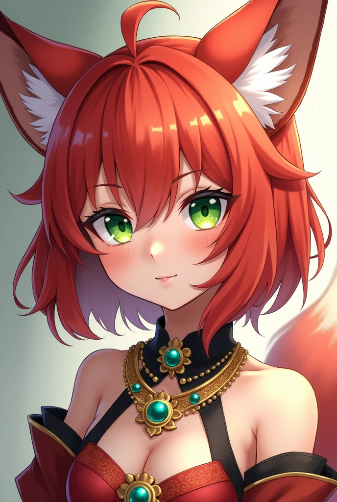 Anthropomorphic girl fox with short red fur with green eyes and anime style jewelry
