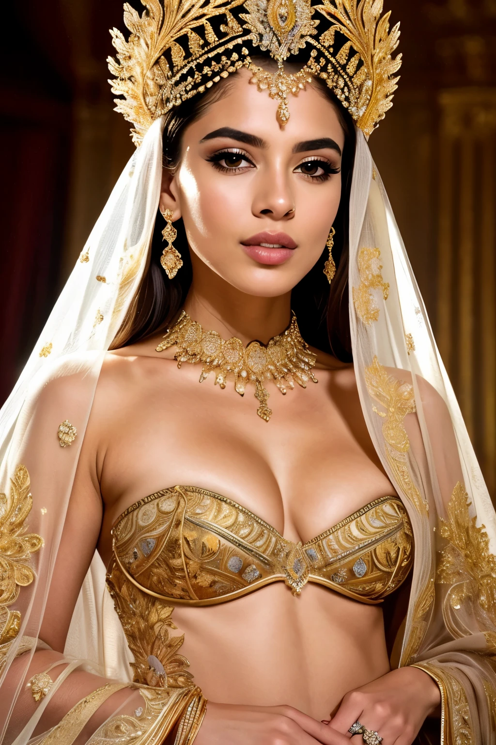 realistic portrait of an extremely beautiful Brazilian woman of royalty, detailed facial features, piercing eyes, elegant long eyelashes, beautiful lips, delicate nose, intricate royal jewelry, ornate headdress, lavish palace interior, golden accents, wearing a sexy outfit, slutty outfit, erotic outfit, dramatic lighting, highly detailed, photorealistic, 8k, cinematic composition, dramatic pose, elegant, regal, masterpiece