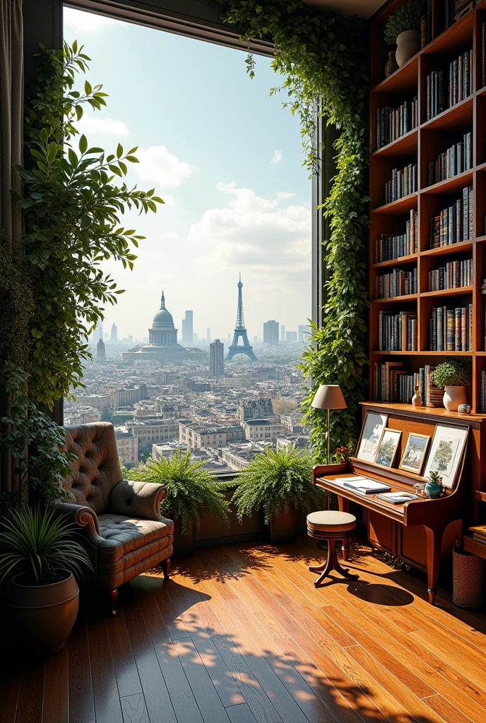 "A luxurious penthouse view from the Tour Cristal tower in Paris. The scene captures the breathtaking cityscape, with iconic Parisian landmarks visible in the distance. The penthouse interior has a foresty vibe, featuring rich wooden floors, lots of greenery, and large windows that flood the space with natural light. The room is adorned with numerous bookshelves filled with books, art supplies, and musical instruments. The walls display a collection of paintings, and there’s a cozy corner with a grand piano, easels, and a writing desk. The vibe is creative, warm, and artistic, reflecting the owner’s passion for music, painting, and writing."