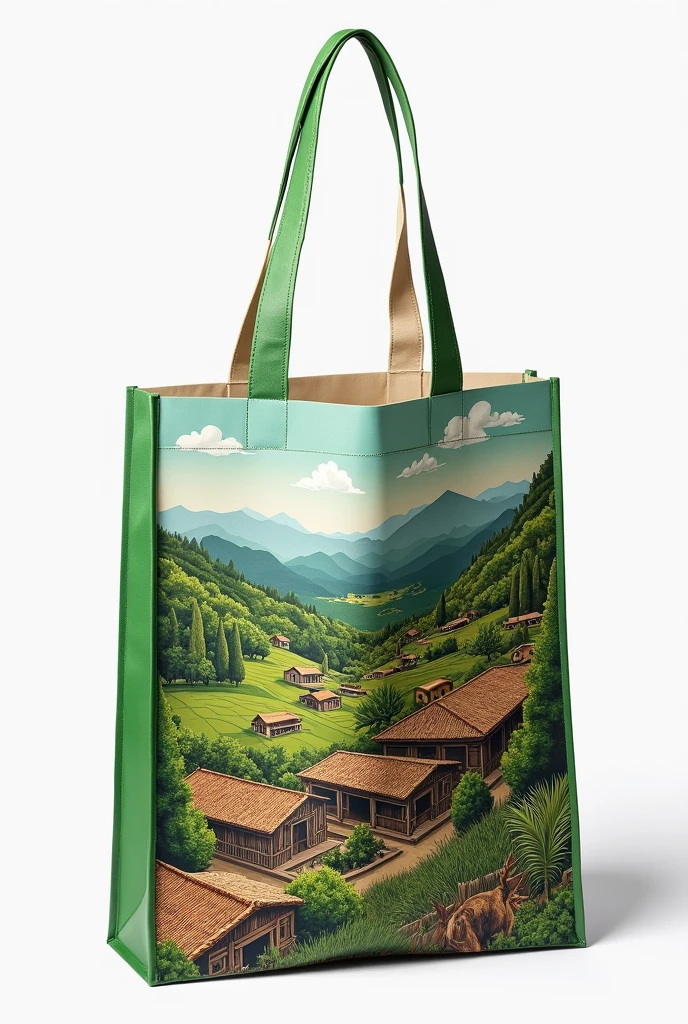 Reusable bag with a design related to the Oxapampa Biosphere Reserve and the typical houses of Pozuzo