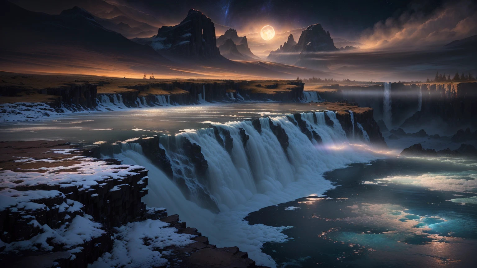 arafed view of a waterfall with a full moon in the sky, marc adamus, beautiful digital painting, beautiful art uhd 4 k, by Jason A. Engle, stunning digital painting, gorgeous digital painting, 4k highly detailed digital art, 4k hd matte digital painting, 8k stunning artwork, immense waterfall, 8k resolution digital painting