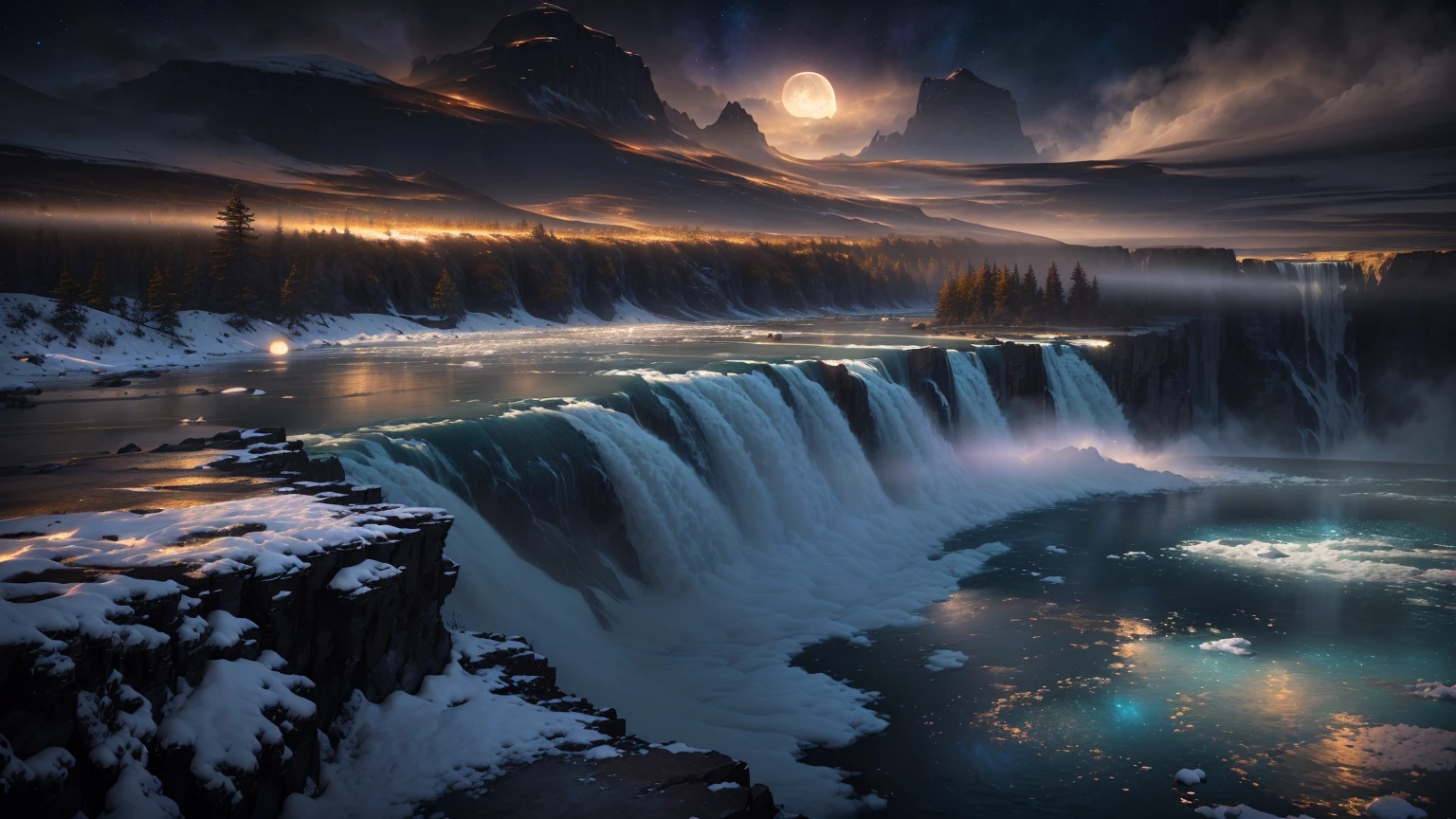 arafed view of a waterfall with a full moon in the sky, marc adamus, beautiful digital painting, beautiful art uhd 4 k, by Jason A. Engle, stunning digital painting, gorgeous digital painting, 4k highly detailed digital art, 4k hd matte digital painting, 8k stunning artwork, immense waterfall, 8k resolution digital painting