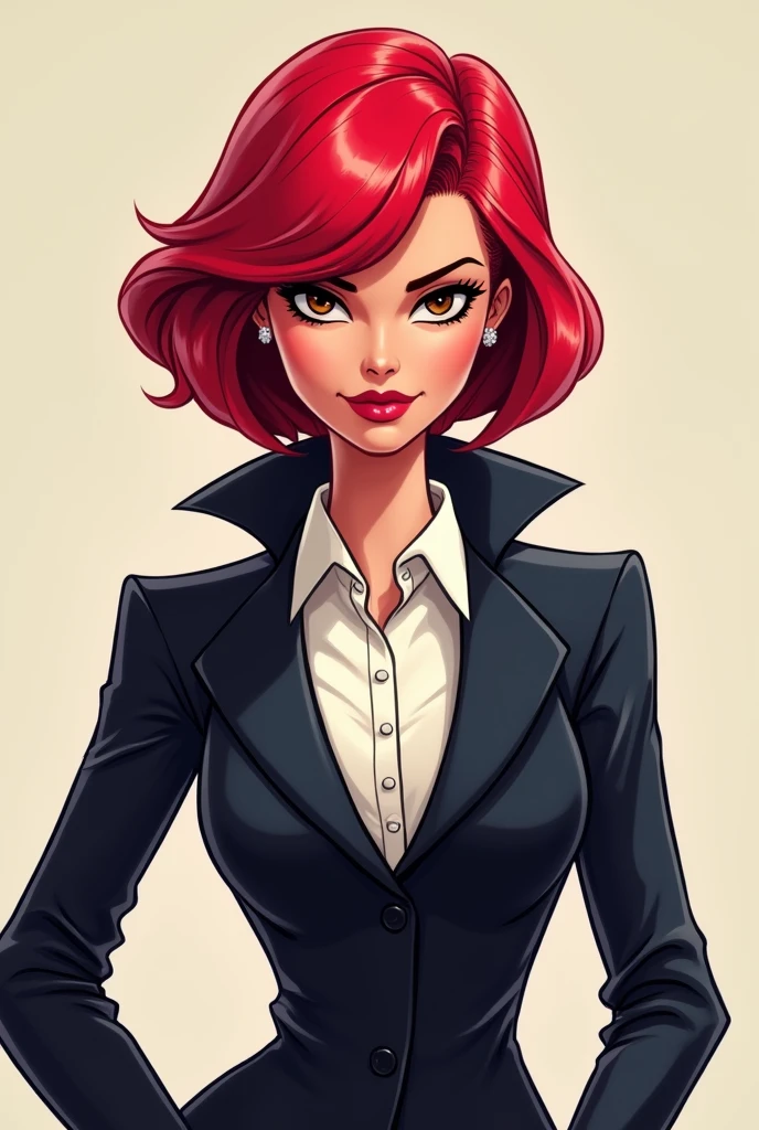 Barbie cartoon brown eyes ,Short hair color red formal suit intimidating look 