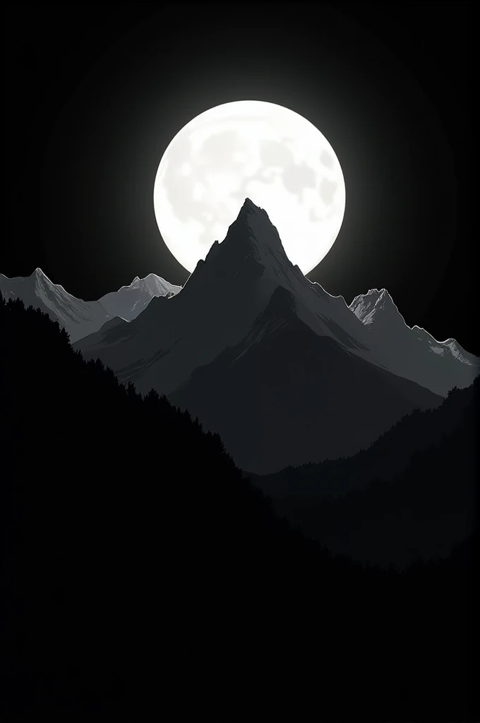 Black background with mountains outlined in white at the bottom and a white moon protruding from the mountains