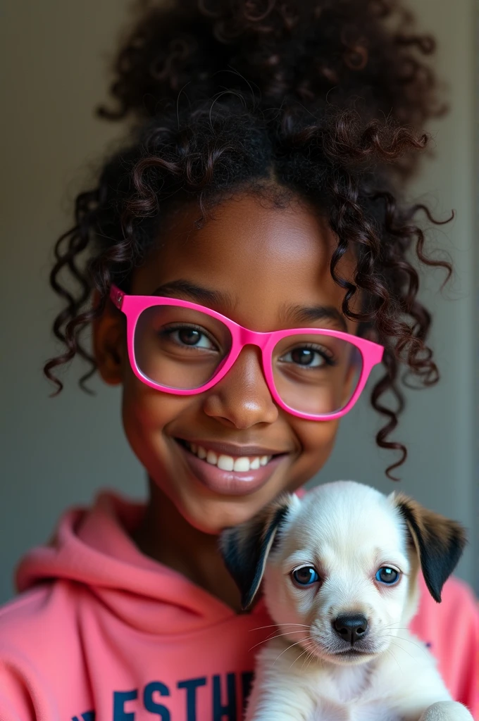 A black age girl with curly, kinky hair tied in a dark brown bun and dark brown eyes a little darker than her hair with hot pink glasses. Full body image using a little uncle with ESTHER written on it and also a white Siamese puppy with blue eyes with some black lines on the face and jeans