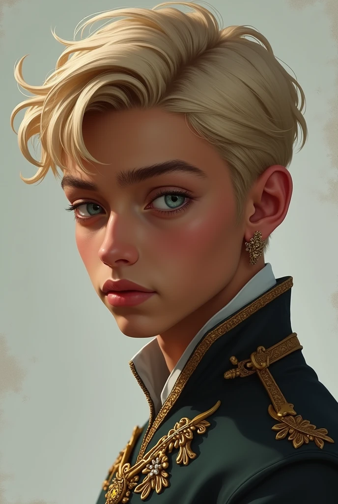 A prince with short blond hair and silver eyes, almost dark skin with a youthful appearance and a mature look