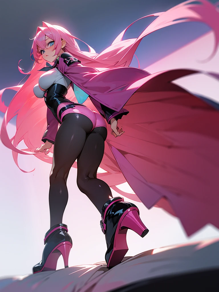 Anime style girl with pink hair, long hair, blue eyes, blushing, wearing hotpants and black stockings, high heels and showing her back, big breasts and the background of a bedroom