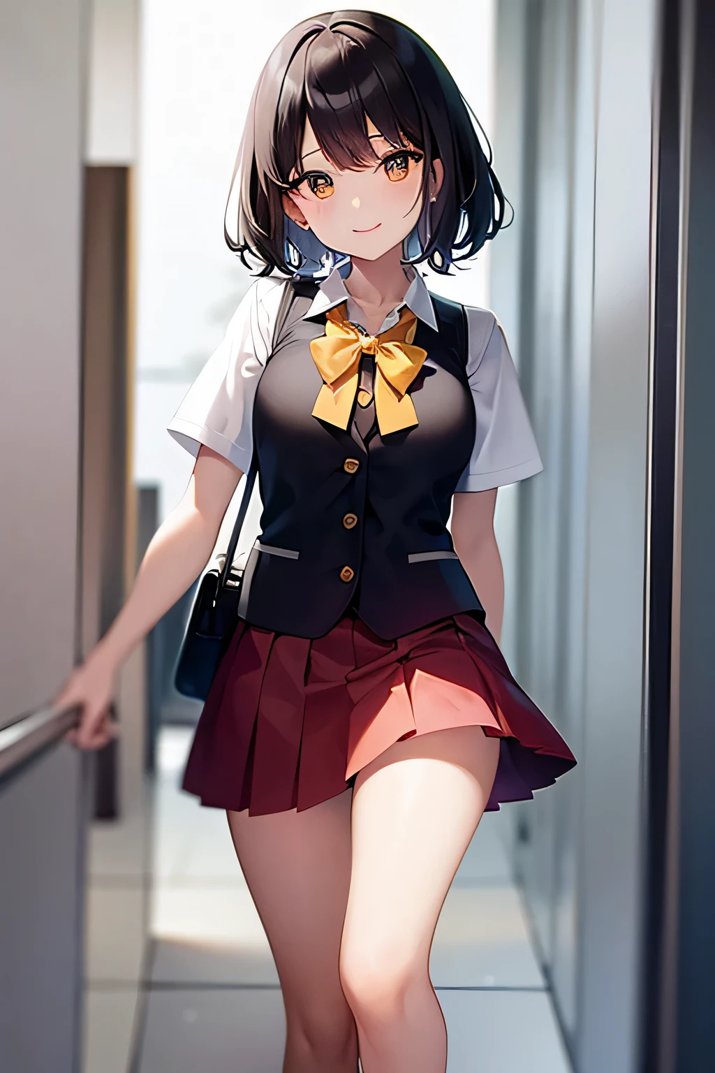 high quality, until, standing girl, smiling, , beautiful face, friendly, very big eyes , short hair, black color, un poco alborotado de la puntil posterior, with the tips of the hair curled upwards and outwards, She wears a white school blouse, Red vest with yellow buttons, white pleated skirt, mini skirt, White socks, walking down the outside hallway of a school,