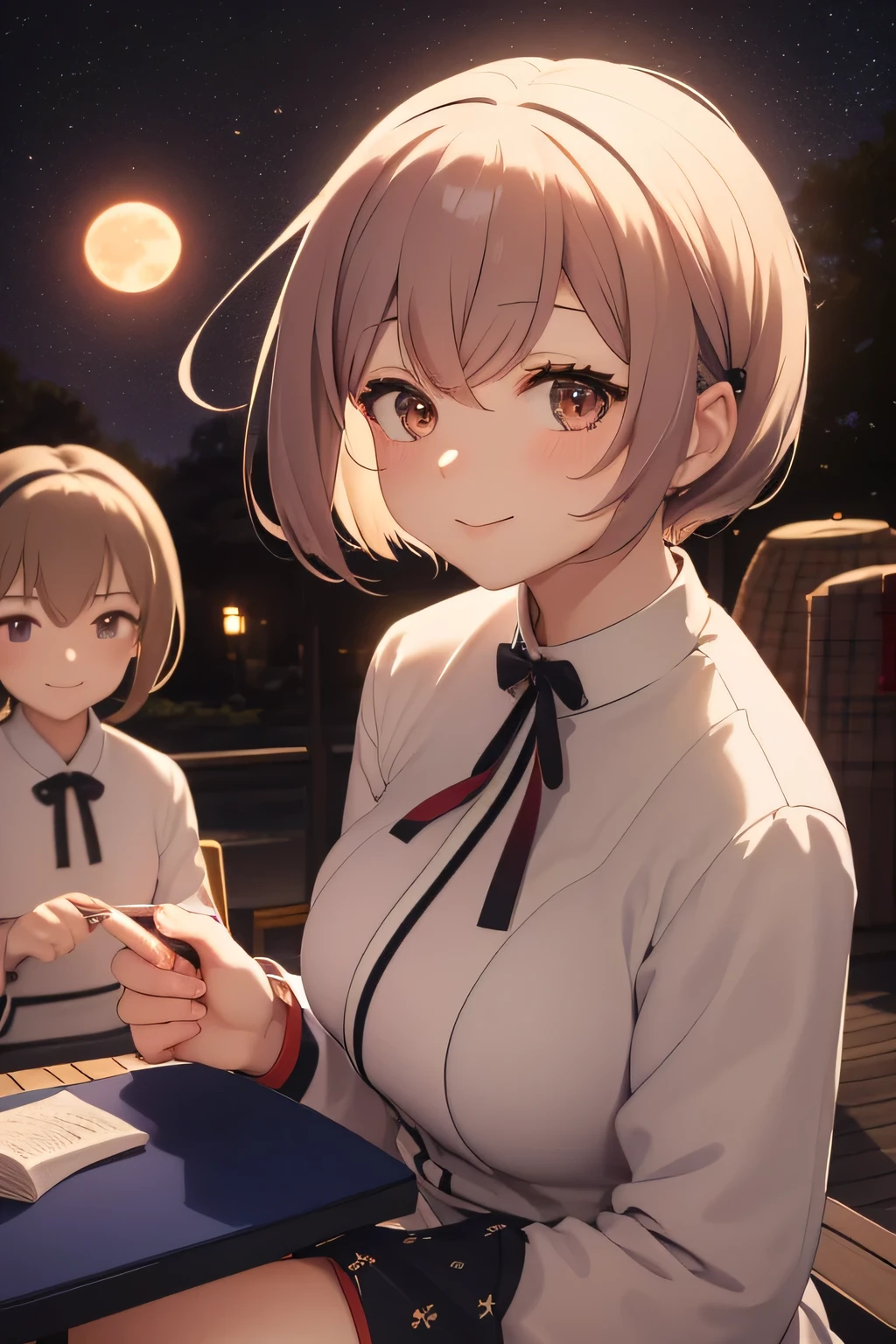 Highest quality、High resolution、Detailed Background、(Beautiful face in every detail:1.4)、Highly detailed face、Normal number of fingers、Teenage beauty、Huge breasts、Perfect body line、Light color hair、Twin tails、Bobcut、ponytail、Cute gestures、Fun atmosphere、A big smile、Tsukimi、
Enjoying Tsukimi、Tsukimi spending time with friends、
At dusk、A girl and her friends are gathered in a nearby park.、
Everyone brought homemade dumplings and sweets, looked up at the big, bright red moon, and chatted happily.、While eating dumplings「This year's Tsukimi is very beautiful!」「Moon、I wish you a happy new year.!」I'm exchanging words with、
Some children were playing by making origami moon-shaped paper and folding it skillfully together with their friends.、「My Origami Moon、copper?」"「This is how I folded it」The atmosphere is peaceful and friendly.、
When the children got tired of playing, they sat down on the blankets.、We started singing Tsukimi's song together.、
I can feel myself creating heartwarming memories under the gentle moonlight.