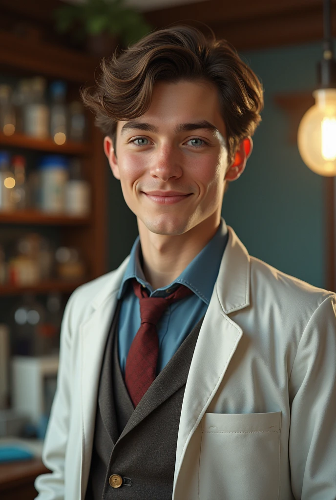 (photorealism:1.2), Male Scientist about 17 years old, Brown hair, blue eyes, hair falling to the sides, shaved, dressed like from the 40's, happy with life