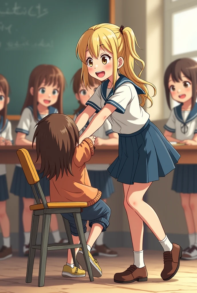 A very pretty girl removing the chair from another girl with long brown hair causing her to fall in the background while some children were laughing, Everyone is in a course